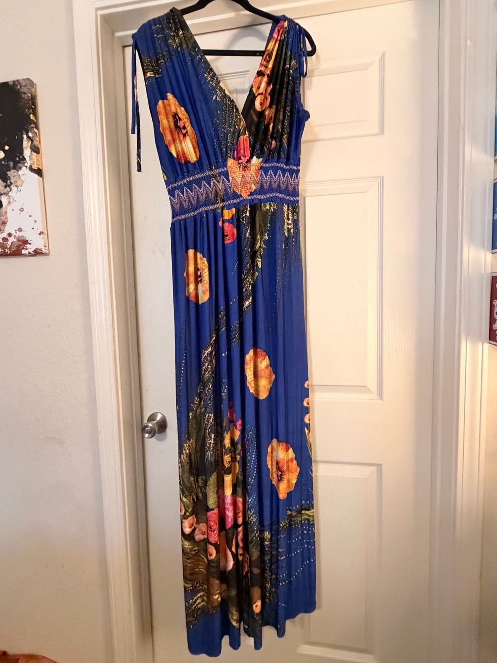 Blue Floral V-Neck Maxi Dress with Shoulder Tie Straps
